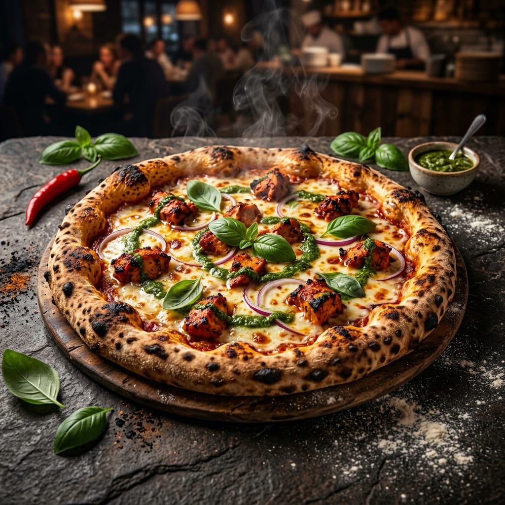 Wood-fired fusion pizza topped with tandoori chicken, basil and mint chutney