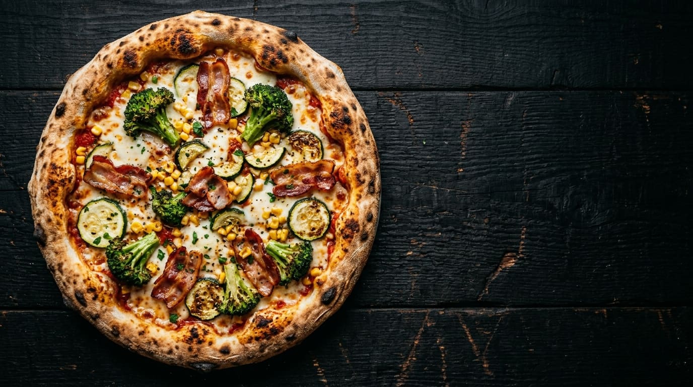 Wood-fired fusion pizza loaded with bacon, broccoli and sweetcorn